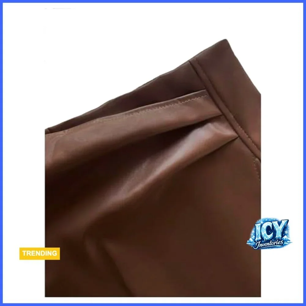 PU Leather Bodycon Mini Skirt with Ruched Side Slit Mid Waist